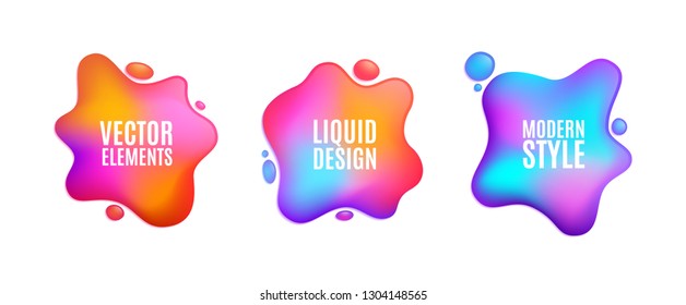 Abstract 3d liquid elements set. Fluid gradient shapes. Vector illustration.