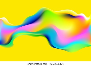 Abstract 3D liquid holographic shape. Yellow fluid background.