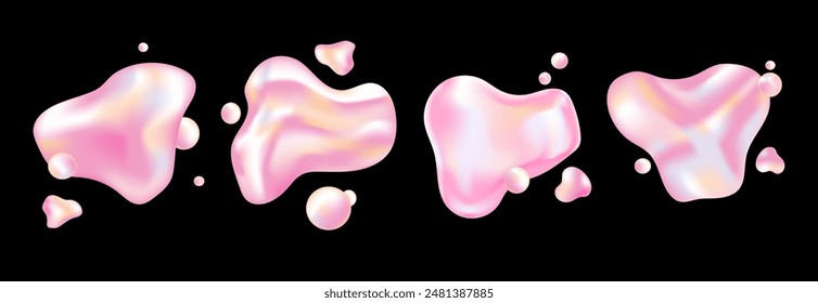 Abstract 3D liquid shapes. Liquid holographic iridescent figures and shapes collection of trendy elements. Realistic render Vector elements for banners, brochures, covers. Dynamical colored forms