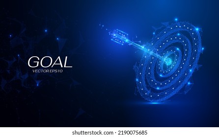 Abstract 3d low poly arrow hit the archery target vector. Hologram wireframe of business marketing goal concept on dark blue background illustration.