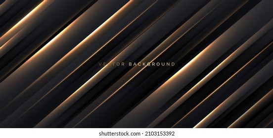Abstract 3d luxury black background with diagonal geometric glowing golden effect lines. Futuristic elegant decoration template, backdrop, banner. Vector illustration