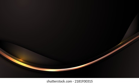 Abstract 3D luxury black color wave lines with shiny golden curved line decoration and glitter lighting effect on dark background. Vector illustration