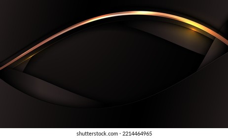 Abstract 3D luxury black color wave lines with shiny golden curved line decoration and glitter lighting effect on dark background. Vector illustration