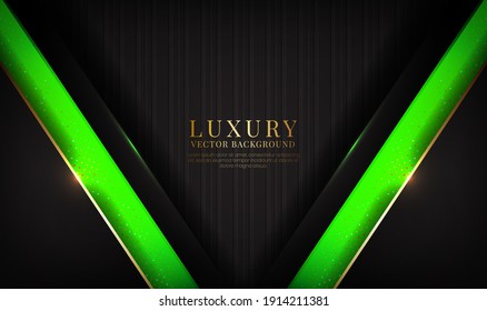 Abstract 3D Luxury Black And Green Background Overlap Layer On Dark Space With Golden Lines For Banner, Poster, Cover, Card, Or Flyer Elements. Texture With Glitters Dots Element Decoration