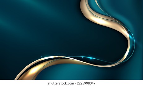 Resumen 3D de formas de gradiente líquido de color lujoso esmeralda azul y dorado con brillante decoración de líneas de onda de cinta dorada y brillante iluminación en el fondo oscuro. Ilustración del vector