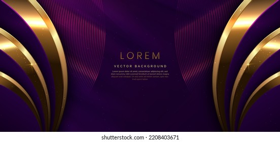 Abstract 3d luxury golden curve lines elegant and lighting effect on dark purple background. Vector illustration