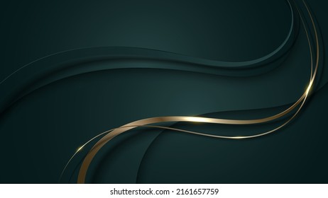 Abstract 3D luxury green color wave lines and shiny golden curved line decoration   glitter lighting gradient dark background  Vector illustration