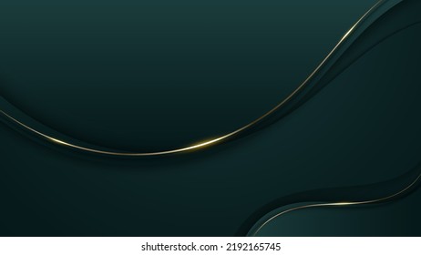 Abstract 3D luxury green color wave lines with shiny golden curved line decoration and glitter lighting on gradient dark background. Vector illustration