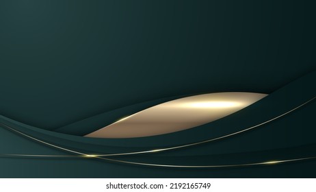 Abstract 3D luxury green color wave curve lines with shiny golden curved line decoration and glitter lighting on green background. Vector illustration