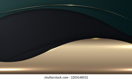 Abstract 3D luxury green color wave lines with shiny golden curved line decoration and glitter lighting on black background. Vector illustration