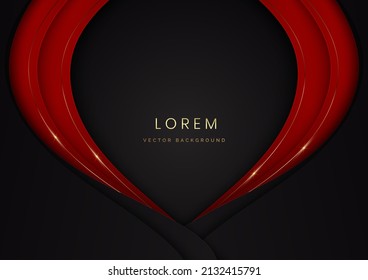 Abstract 3d luxury paper cut style red and black curved shape on black background with line golden lighting effect. Vector illustration