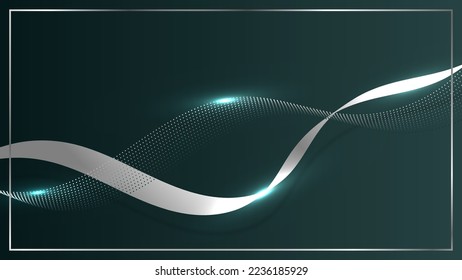 Abstract 3D luxury silver wave ribbon lines elements with frame on green background.  Vector graphic illustration.