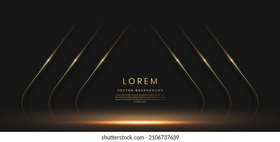 Abstract 3D luxury template shiny black background with lines golden glowing. Vector illustration