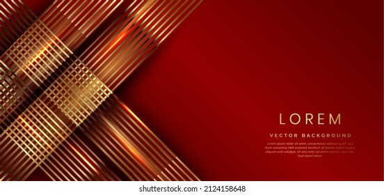 Abstract 3D luxury template shiny red background with lines golden glowing sparkle. Vector illustration
