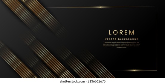 Abstract 3D luxury template shiny black background with lines golden glowing. Template premium award design. Vector illustration