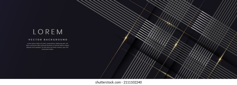 Abstract 3D luxury template silver diagonal dimension lines overlapping with gold lines light effect on dark blue background. Vector illustration