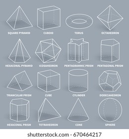 Abstract 3d Math Geometric Outline Shapes Vector Set. Geometry Figure Graphic Pyramid And Cuboid, Torus And Octahedron Illustration