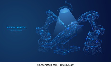 Abstract 3d medical robotic performing surgical operation on patient. Low poly robotic arm and human in dark blue. Innovative medicine, modern medical technology concept. Digital vector illustration
