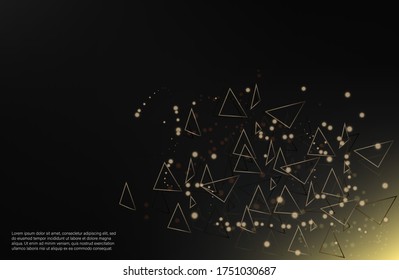 Resumen del fondo de malla 3D con círculos y partículas sobre un fondo oscuro. triángulos dorados. Concepto de ecualizador de fondo de música.Visualización de secuencias de Big Data