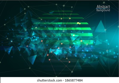 Abstract 3D mesh background with circles and particles on a dark background. Music background equalizer concept. Retro futuristic background 1980s style. sun glitch.