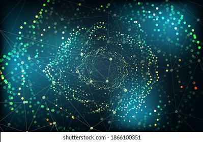 Abstract 3D mesh background with circles and particles on a dark background. Music background equalizer concept. Retro futuristic background 1980s style. sun glitch.