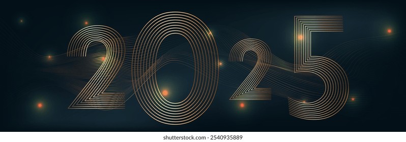 Abstract 3D mesh background with circles and particles on a dark background. Figures 2025 from the lines in the data stream and the coming of the New Year. Music background equalizer concept.