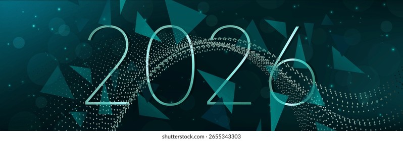 Fundo de malha 3D abstrato com círculos e partículas em um fundo escuro. Números 2026 das linhas no fluxo de dados e a chegada do Ano Novo. xmas