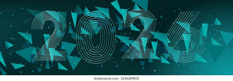 Abstractas fondo de malla 3D con círculos y partículas sobre un fondo oscuro. Cifras de 2026 de las líneas en el flujo de datos y la llegada del Año Nuevo. Concepto de ecualizador de fondo de música. xmas

