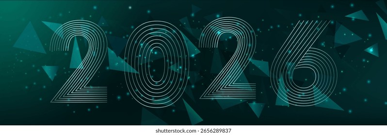 Abstract 3D mesh background with circles and particles on a dark green background. Figures 2026 from the lines in the data stream and the coming of the New Year. xmas


