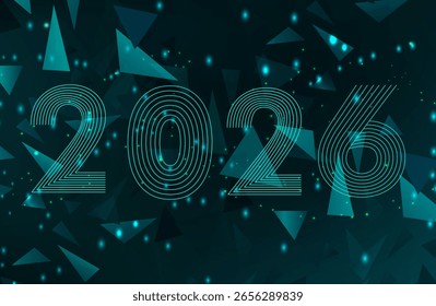 Abstract 3D mesh background with circles and particles on a dark green background. Figures 2026 from the lines in the data stream and the coming of the New Year. xmas

