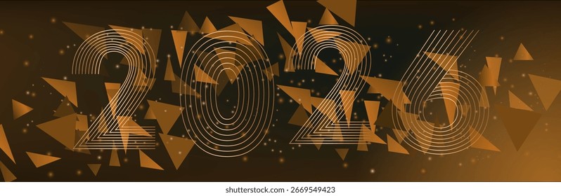 Fundo de malha 3D abstrato com círculos e partículas em um fundo marrom escuro. Números 2026 das linhas no fluxo de dados e a chegada do Ano Novo. xmas