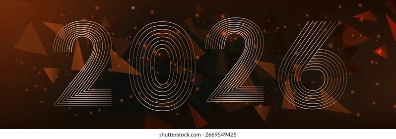 Abstrakter 3D-Mesh-Hintergrund mit Kreisen und Partikeln auf dunkelbraunem Hintergrund. Zahlen 2026 aus den Zeilen im Datenstrom und dem kommenden Neujahr. Weihnachten