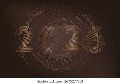 Abstract 3D mesh background with circles and particles on a dark brown background. Figures 2026 from the lines in the data stream and the coming of the New Year. xmas