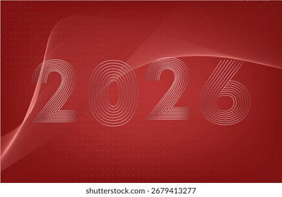 Abstractas fondo de malla 3D con círculos y partículas sobre un fondo rojo. Cifras 2026 de las líneas en el flujo de datos y la llegada del Año Nuevo. xmas