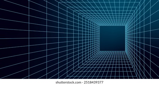 Abstract 3D mesh grid forming a geometric wireframe tunnel. Futuristic y2k tech portal design with sharp lines creating depth in neon blue, giving a retro cyberpunk vibe. Digital geometry.