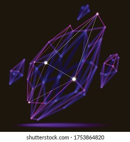 Abstract 3D mesh shape vector illustration, dots connected with lines technology polygonal object, dynamic tech and science lattice, with realistic depth of field effect.
