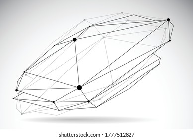 Abstract 3D mesh shape vector illustration, dots connected with lines technology polygonal object isolated on white background, dynamic tech and science lattice.