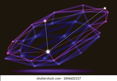 Abstract 3D mesh shape vector illustration, dots connected with lines technology polygonal object, dynamic tech and science lattice, with realistic depth of field effect.