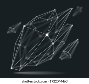 Abstract 3D mesh shape vector illustration, dots connected with lines technology polygonal object, dynamic tech and science lattice, with realistic depth of field effect.