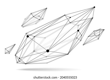 Abstract 3D mesh shape vector illustration, dots connected with lines technology polygonal object isolated on white background, dynamic lattice with realistic depth of field effect.