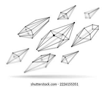 Abstract 3D mesh shape vector illustration, dots connected with lines technology polygonal object isolated on white background, dynamic lattice with realistic depth of field effect.