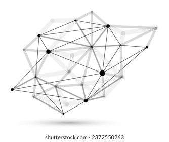Abstract 3D mesh shape vector illustration, dots connected with lines technology polygonal object isolated on white background, dynamic lattice with realistic depth of field effect.