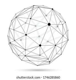 Abstract 3D mesh sphere vector illustration, dots connected with lines technology polygonal object isolated on white background, dynamic lattice with realistic depth of field effect.