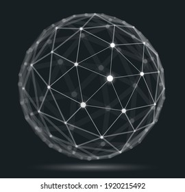 Abstract 3D mesh sphere vector illustration, dots connected with lines technology polygonal object, dynamic tech and science lattice, with realistic depth of field effect.