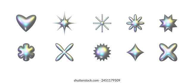 Abstractas Elementos holográficos y2k de metal 3d - estrellas, flores, corazón y otras Formas geométricas simples con efecto cromado brillante. Ilustración vectorial y2k de moda