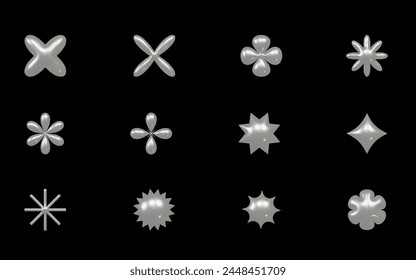 Abstract 3d metal y2k elements - stars, flowers, and other simple geometric shapes with chrome effect. Trendy y2k vector illustration.