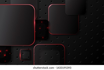 Abstract 3d metallic technology background with neon light red glowing a combination rounded pattern composition. Modern dark cover vector template design