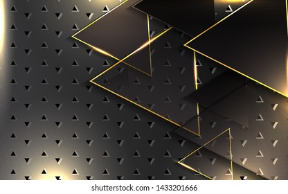 Abstract 3d metallic technology background with neon light golden glowing a combination triagle pattern composition. Modern and luxury dark cover vector template design