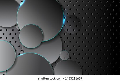 Abstract 3d metallic technology background with neon light blue glowing a combination circle pattern composition. Modern dark cover vector template design
