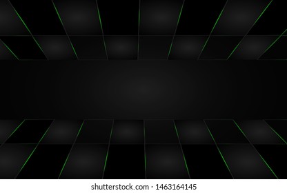 Abstract 3d metallic technology background with light line green neon glowing. Modern dark cover vector template design for use element wallpaper, frame, banner, advertising, corporate